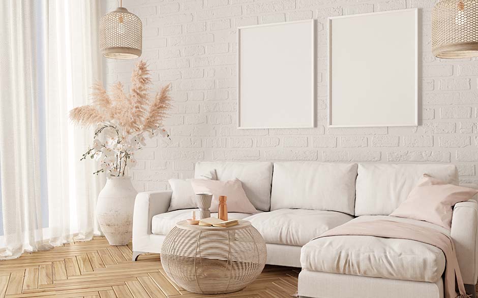 All white living room with sheer white drapes