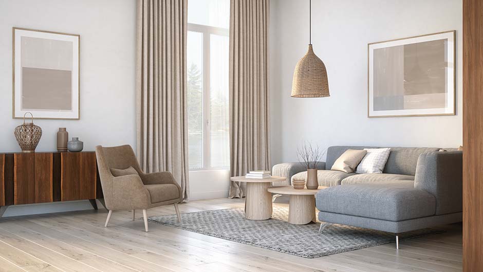 Modern Scandinavian living room interior with beautiful curtains